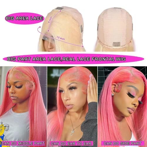 Pink Lace Front Wig Human Hair Straight 13x4 HD Transparent Lace Front Wig Pre Plucked with Baby Hair 20 Inch Colored HD Lace Frontal Wig For Black Women