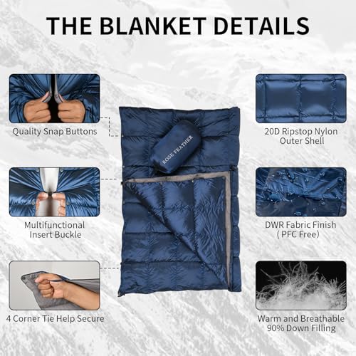ROSE FEATHER Down Camping Blanket - Lightweight, Packable, Warm & Puffy Outdoor Travel Quilt for Sleep, Hiking, Backpackin...