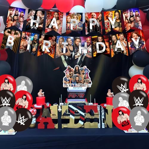 Wrestling Birthday Decorations,Wrestling Boxing Match Party Supplies Include Happy Birthday Banner, Cake Topper and Cupcak...
