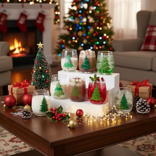 Umigy 8 Pcs Christmas Wine Glasses Green Tree Xmas Stemless Wine Glass 15 oz Winter Green Christmas Tree Glasses for Party...