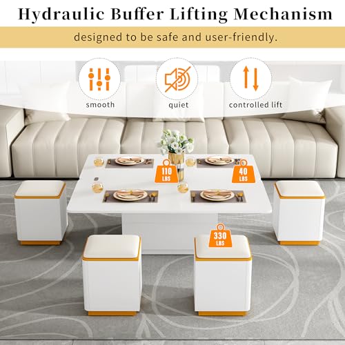 HomVent 47.72" Lift-Top Coffee Table, Wood Coffee Tables with 4 Storage Stools, Modern Couch Side Table, Space Saving Center Cocktail Table with Foldable Top for Living Room Bedroom
