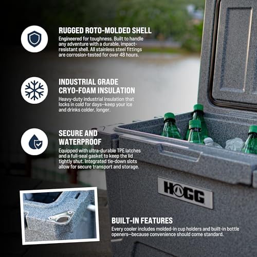 Hogg Insulated Cooler, Rotomolded Cooler with Rubber Gasket Seal for Insulation, Comes with Cupholders, Fishing Ruler, and...