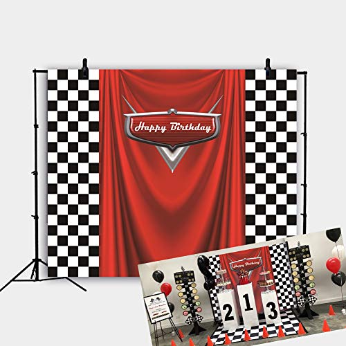 7x5ft Car Black White Grid Red Birthday Themed Backdrops Racing Flag Red Photo Backgrounds for Photography Happy Birthday ...