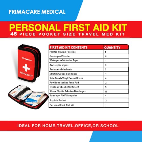 Primacare KB-7411 45 Piece Personal First Aid Kit, 6"x4"x1", with Emergency Medical Supplies, Pocket Size Essential Travel...