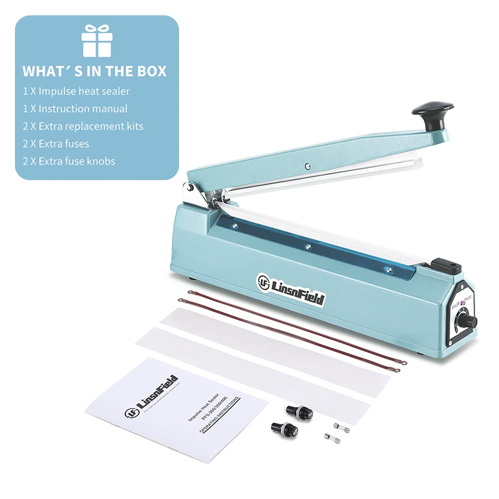 LinsnField Sealer Pro, Patented 12inch Impulse Heat Bag Sealer, 7mm Sealing Width Poly Bag Seal Machine, 2 Replacement Kits 2 Fuses Included, Blue
