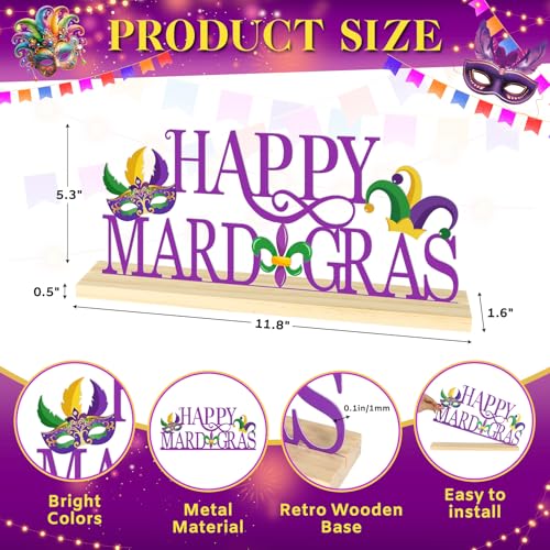 Happy Mardi Gras Metal Table Sign, Mardi Gras Table Decoration Centerpiece, Metal Letter Sign with Wooden Base, Holiday Ta...