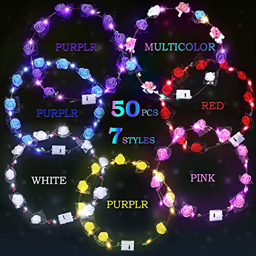 Chumia 50 Pcs LED Flower Crowns Headbands Light up Flower Wreath Garlands Glow in the Dark Floral Headpiece Hair Accessori...