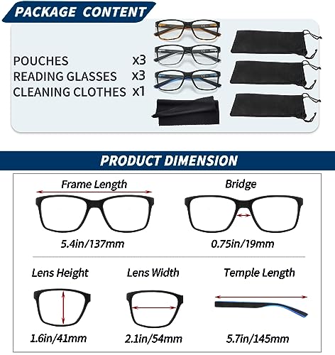 JJWELL 3 Pack Reading Glasses for Men Blue Light Blocking with Spring Hinge, Anti Eyestrain/Dryness/UV Large Wide Square R...