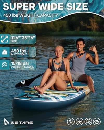 WETARE 11'6"x35" Inflatable Paddle Board, 450lbs Extra Wide Stand Up Sup Board for Adults, Blow Up Paddleboard Kayak Non-S...