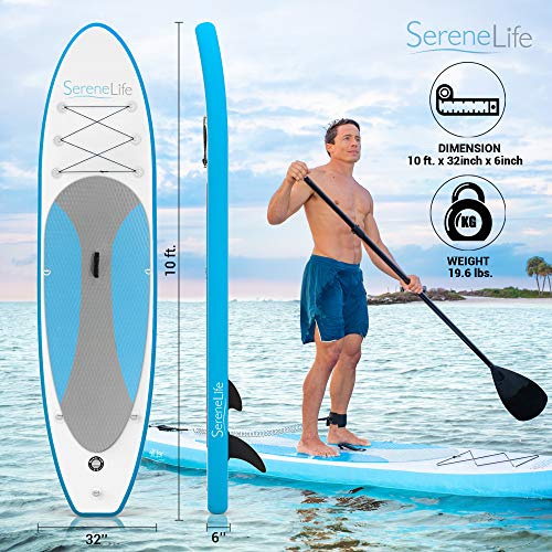 SereneLife Inflatable Stand Up Paddle Board (6 Inches Thick) with Premium SUP Accessories & Carry Bag | Wide Stance, Botto...