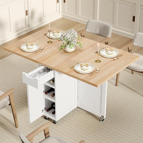 BHAODEAL Folding Dining Table with 6 Wheels, Drop Leaf Tables for Small Spaces, Foldable Dining Table with 2-Layer Storage...