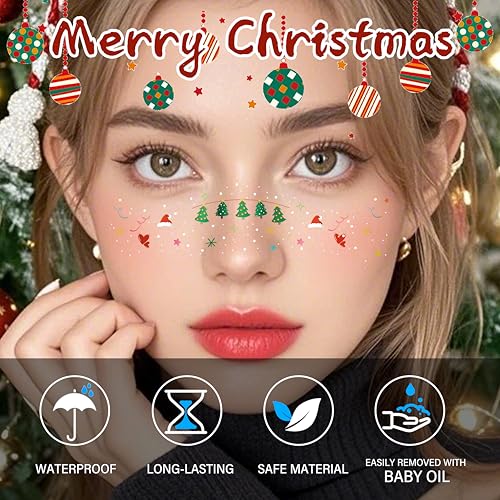 8 Pcs Christmas Face Temporary Tattoos, Ren Green and White Glitter Freckles Face Tattoo for Kids and Women, Waterproof Ch...