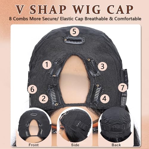 V Part Wig Human Hair Body Wave Upgrade U Part Human Hair Wig With Adjustable Drawstring 200% Density V Shape Clip In Half Wig For Women Natural Color 16 Inch