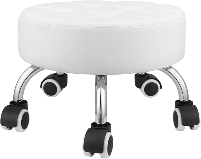Kaleurrier Low Height Rolling Stool - Heavy Duty Short Stool Chair with Wheels Low to Ground - Small Roller Seat Stools for Home Office Kitchen Repair Shop Mechanic Pedicure Garage Library White