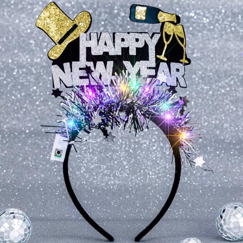 Abien Light Up Happy New Year Headbands Glitter Beer Hairband LED Hat Feather Headhoop New Year Party for Women