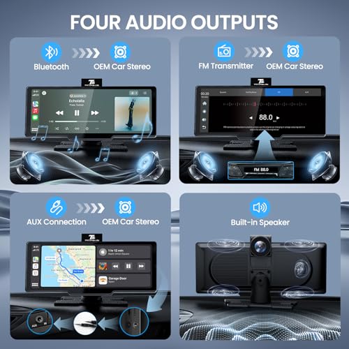 TECXERLLON 10.26'' Wireless Carplay Screen for Car with 4K Dash Cam & 1080P Backup Camera, Portable Car Audio Receivers wi...