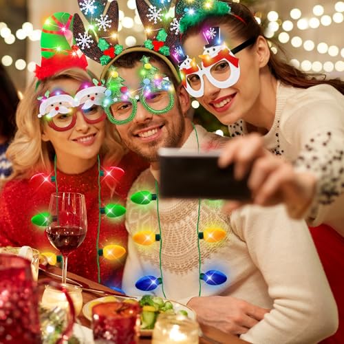 9PCS Christmas Party Favors, Light Up Christmas Necklace Headband Glasses Set, Xmas Bulb Necklace Antler Tree Lights Holid...