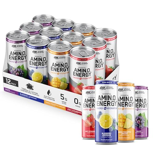 Optimum Nutrition Amino Energy Sparkling Hydration Drink, Electrolytes, Caffeine, Amino Acids, BCAAs, Sugar Free, 12 Fl O...