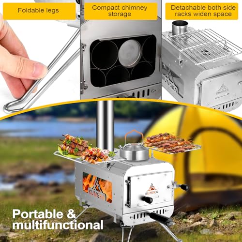 KUNGKA Tent Stove, 7.3ft height Portable Wood Burning Stove, Small Stainless Steel Hot Tent Stove with 6 Chimney Pipes for...