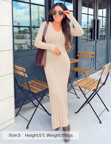 ZESICA Women's 2026 Spring Sweater Dress Long Sleeve V Neck Ribbed Knit Party Cocktail Bodycon Maxi Dresses