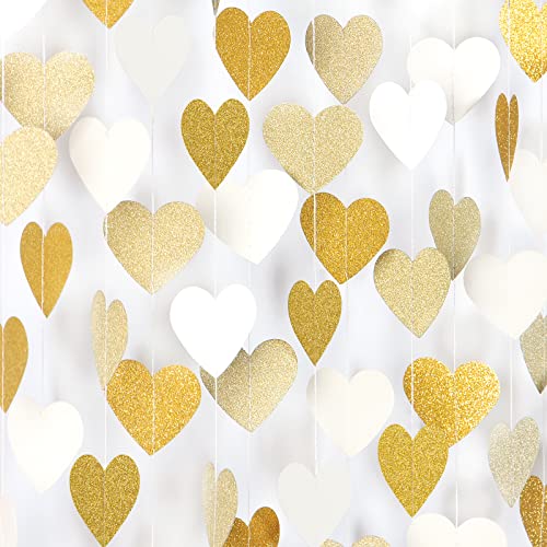 White-Gold Champagne Party-Decorations Heart Streamers Garland - 52Ft Christmas Wedding Engagement Hanging Paper Banner,Ba...