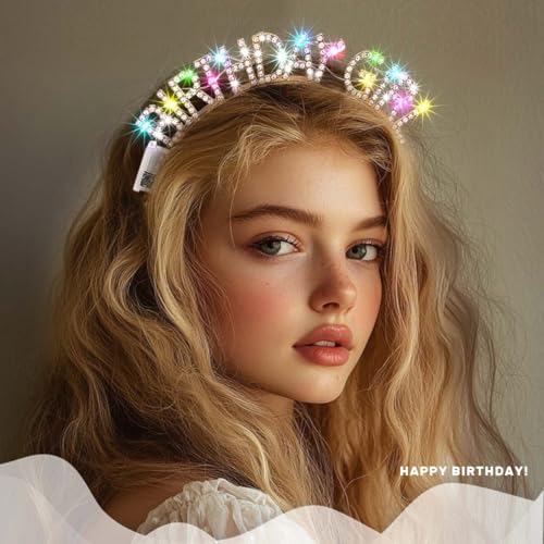 Aceorna Light Up Birthday Girl Headband Gold Rhinestone Crown and Sash Led Birthday Accessories Sets for Women
