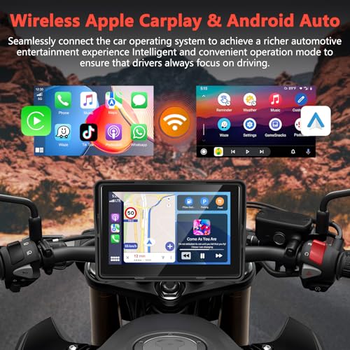 Podofo HD IPS Touch Screen Portable Wireless Apple Carplay Screen for Motorcycle & Wireless Android Auto GPS Navigation,Ca...