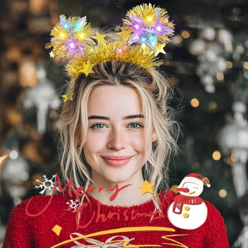 Firuilo Light Up Christmas Headband Glowing Star Tinsel HAairbands Happy New Year Headpieces Xmas Hair Accessories for Women