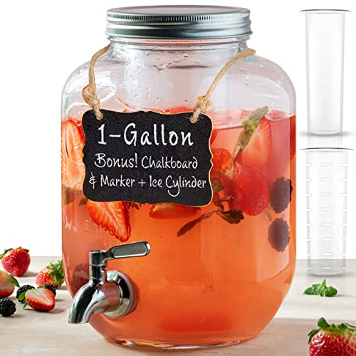 Le’raze 1 Gallon Glass Water Dispenser with Stainless Steel Spigot + Marker & Chalkboard, & Ice Cylinder - 100% Leakproof ...