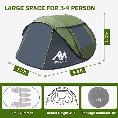4 Person Pop Up Tents for Camping - AYAMAYA Waterproof Instant Family Tents with Skylight & Removable Rainfly, Upgraded La...