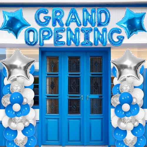 JOYMEMO Grand Opening Decorations Blue - Balloon Arch Garland Kit with Grand Opening Banner, Star Balloons for New Busines...