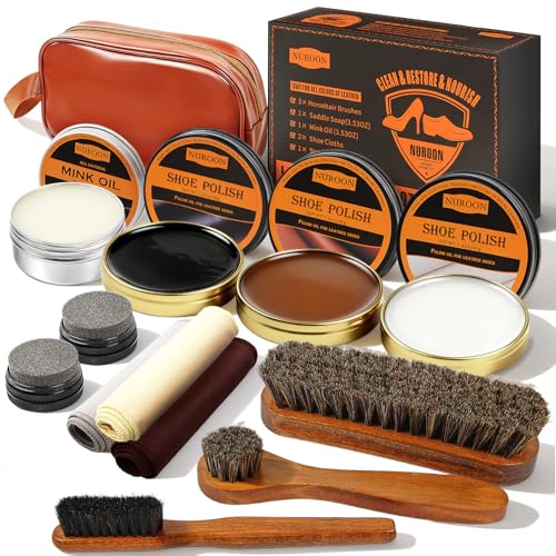 13Pcs Shoe Care Kit for Men & Women,3 Horsehair Shoe Polish Brush,Black Brown Neutral Mink Oil for Shoes,Care for Leather ...