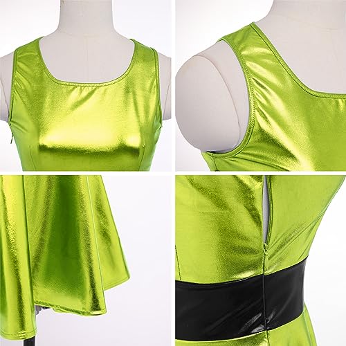 IDOPIP Women's Shiny Metallic Dress Sexy Sleeveless Skater Mini Dress Holographic Party Rave Dance Clubwear Halloween Costume