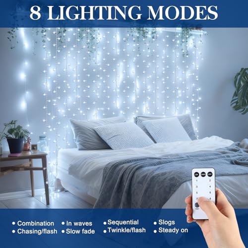 Aurelema 600 LED 20 x 9.8 Ft Christmas Curtain Lights 8 Modes Outdoor Fairy Lights with Remote Plug in Hanging String Fair...