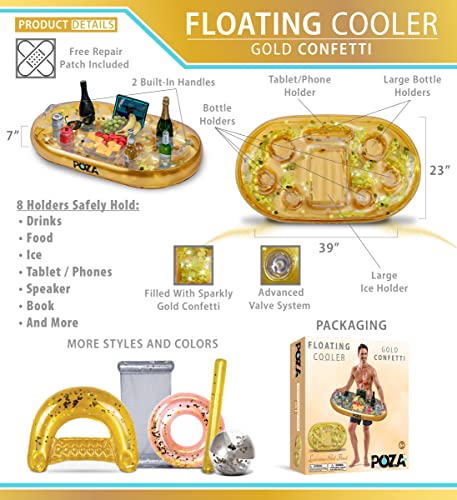 POZA Inflatable Gold Floating Cooler - Luxurious Drink Holder Filled with Sparkly Confetti, Premium Party Float with 8 Hol...