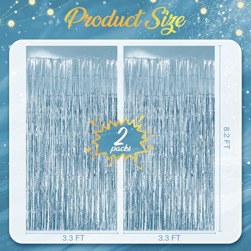 2 Pack Light Blue Fringe Backdrop, 3.2x8.2ft Shining Foil Tinsel Curtains, Birthday Party Decorations Door Streamers for H...