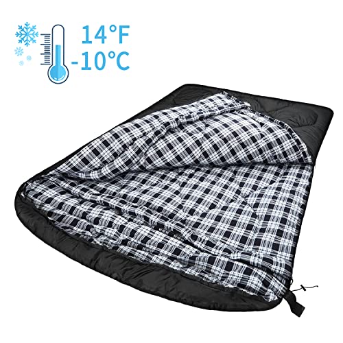 AGEMORE 0 Degree Double Sleeping Bag for Adults, Cotton Flannel Lined 2 Person Queen Size Warm Sleeping Bag for Family Win...