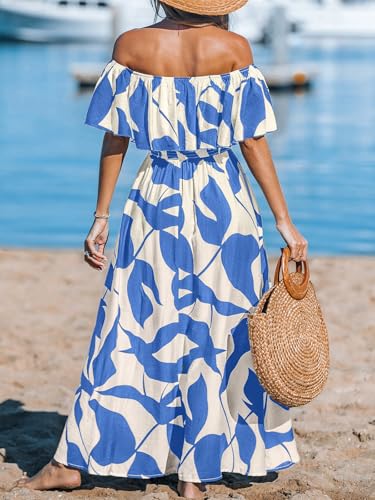 CUPSHE Women Ruffle Floral Maxi Summer Dress Off Shoulder Short Sleeve Backless Flounce Bodice Slit Hem Beach Dresses