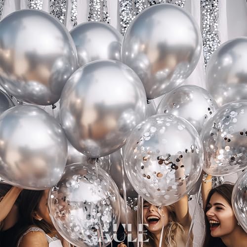 AULE Party Balloons Pack of 42 - Metallic Balloons & Confetti Balloons and 64ft Ribbons - 12 Inch Silver Balloons Decorati...
