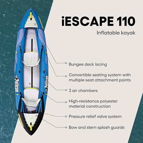 Pelican iESCAPE 110 Inflatable Convertible Kayak - Recreational Single or Tandem Kayak - Compact, Stable and Fun All in One - Transport Bag & Pump Included - 11 ft - Blue