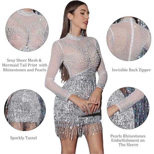 NKBRK Women's Sexy Birthday Club Mini Dress with Pearls Rhinestones Sparkly Dresses