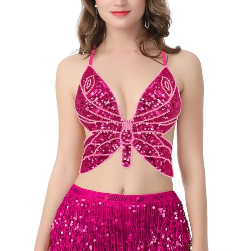 Mocure Womens Glitter Sequin Butterfly Crop Top Low-Cut Tank Top Rave Tube Vest Top for Belly Dance Costume Outfits