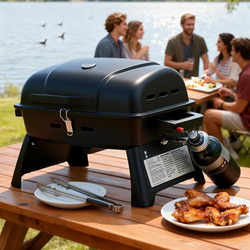 BrandMan Portable Propane Gas Grill, 1-Burner Tabletop Compact BBQ Grill with Folding Legs and Lockable Lid for Camping, T...