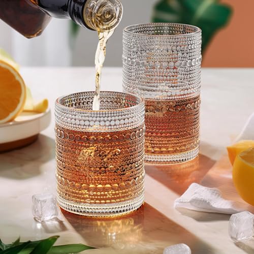Vintage Hobnail Drinking Glasses Set of 12, 12 oz Highball Glasses & 10 oz Cocktail Glasses, Embossed Glass Cups, Clear Wa...