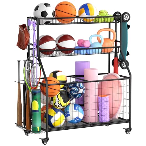 Sports Equipment Garage Organizer - Heavy Duty Garage Organization Ball Storage Rack with Basket, Hooks and Rolling Cart f...