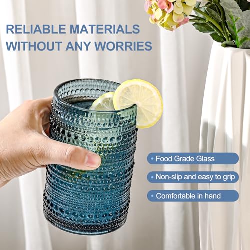 ZMOWIPDL Vintage Glassware Drinking Glasses Set of 12,Blue 12oz & 15oz Hobnail Glass Cups,Embossed Water Tumbler,for Beer,...