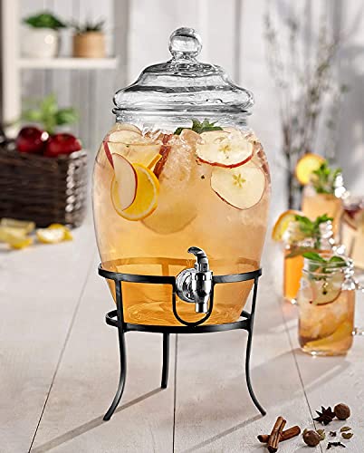 Style Setter Beverage Dispenser Cold Drink Dispenser w/ 2-Gallon Capacity Glass Jug, Metal Stand & Leak-Proof Acrylic Spig...