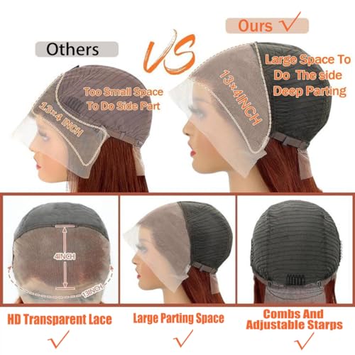 Reddish Brown Lace Front Wigs Human Hair Pre Plucked Brazilian Unprocessed Straight 13x4 HD Lace Frontal Wig with Baby Hair Auburn Copper Colored Wigs for Women (Reddish Brown,24 Inch)