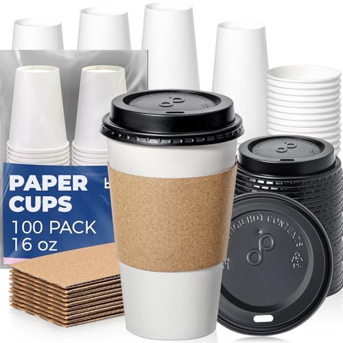 Fit Meal Prep 100 Pack 16 oz Disposable Coffee Cups with Lids, Sleeves, Leak-Proof To Go Coffee Cups with Lids, Durable Pa...