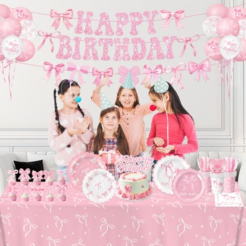 Pink Bow Birthday Decorations Include Plates, Napkins, Cups, Cutlery, Banner, Hanging Swirls, Cake & Cupcake Toppers, Ball...